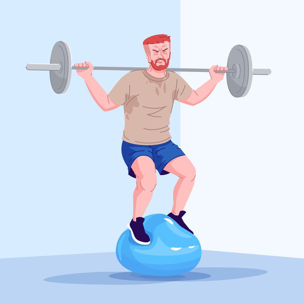 illustrazione vettoriale piatta di dipendenza dall'allenamento fisico. dipendenza da allenamento. tossicodipendente stanco della palestra che si esercita, sollevatore di pesi ossessionato, atleta che si equilibra sulla palla con il personaggio dei cartoni animati di pesi