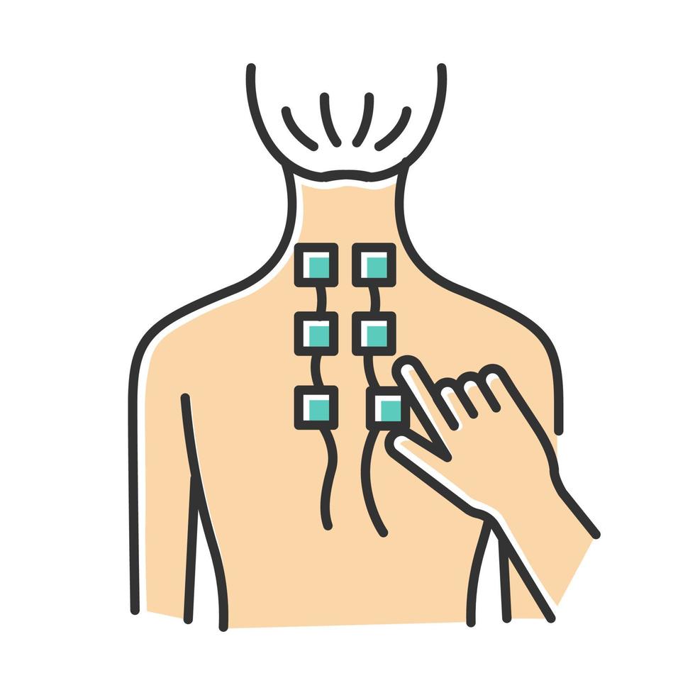 icona del colore della fisioterapia. procedure mediche professionali. servizi di fisioterapia. assistenza sanitaria. sollievo dal mal di schiena. riabilitazione degli infortuni. elettroterapia. aiuto clinico. illustrazione vettoriale isolata