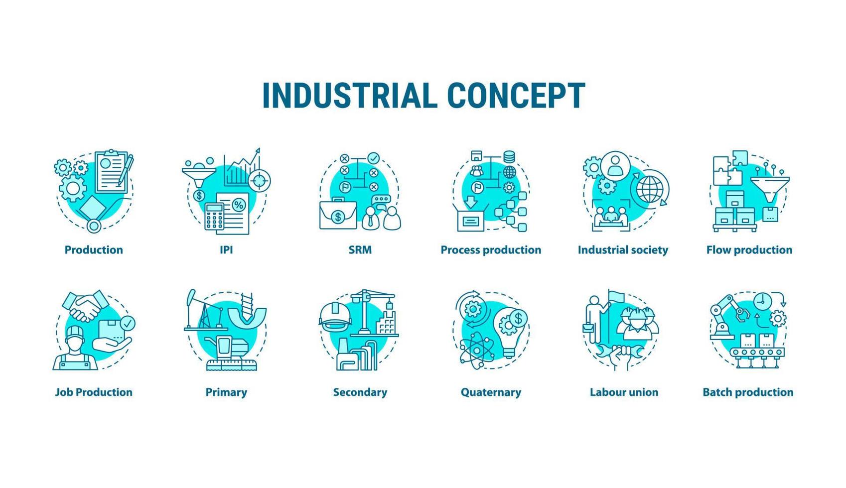 set di icone di concetto blu industriale. illustrazioni di linea sottile dell'idea del segmento economico. industria primaria, secondaria. produzione in lotti, sindacato. disegni di contorno isolati vettoriali. tratto modificabile vettore