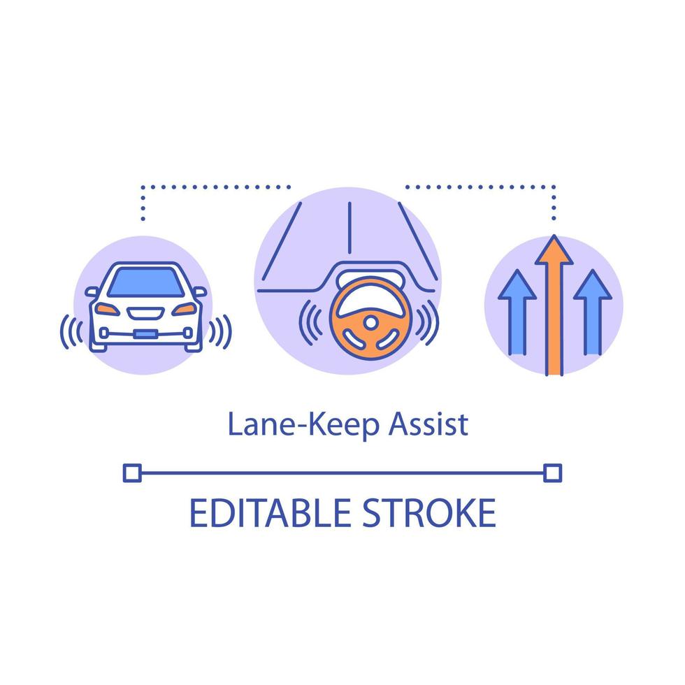 icona del concetto di assistenza al mantenimento della corsia. veicolo rimasto nella propria corsia. auto senza conducente. cruise control adattivo. illustrazione della linea sottile dell'idea del sistema di pilota automatico. disegno di contorno isolato vettoriale. tratto modificabile vettore