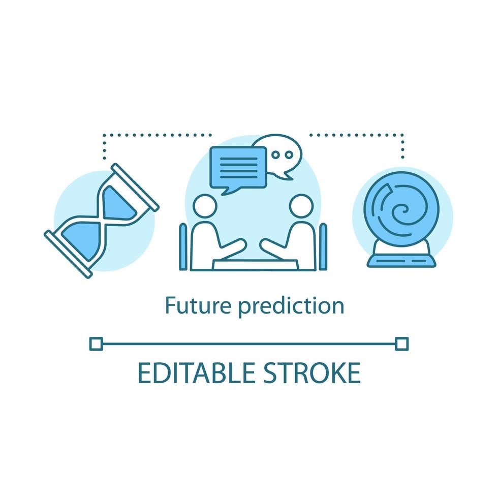 icona del concetto di previsione futura. servizio di predizione del futuro. illustrazione della linea sottile dell'idea di divinazione e occultismo. clessidra, oracolo e sfera di cristallo vettore isolato disegno di contorno. tratto modificabile