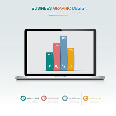 Il computer portatile del computer con il grafico commerciale sullo schermo, 3d e l&#39;illustrazione piana di progettazione di vettore per l&#39;insegna o la presentazione di web hanno usato