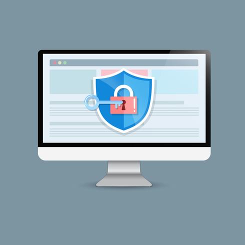 Il concetto è la sicurezza dei dati Accesso .Shield on Computer Desktop protegge i dati sensibili. Sicurezza di Internet. Illustrazione vettoriale