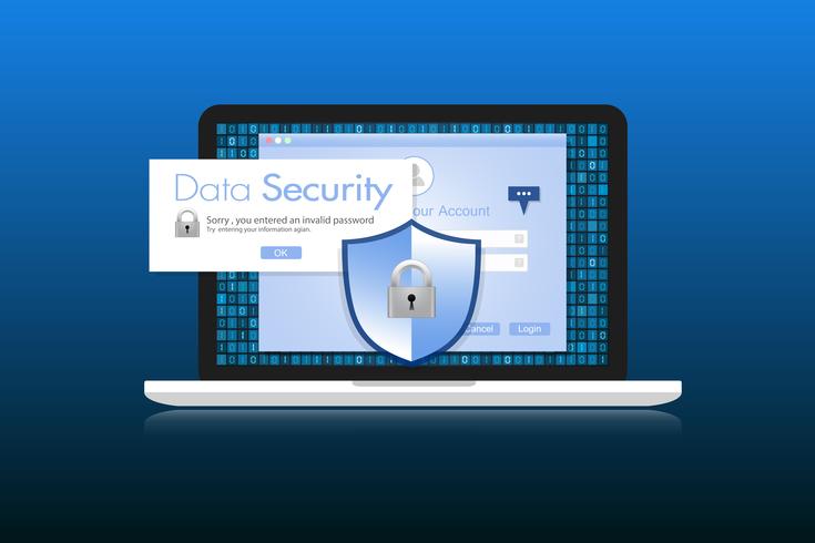 Il concetto è la sicurezza dei dati. Shield su Labtop protegge i dati sensibili. Sicurezza di Internet. Illustrazione vettoriale