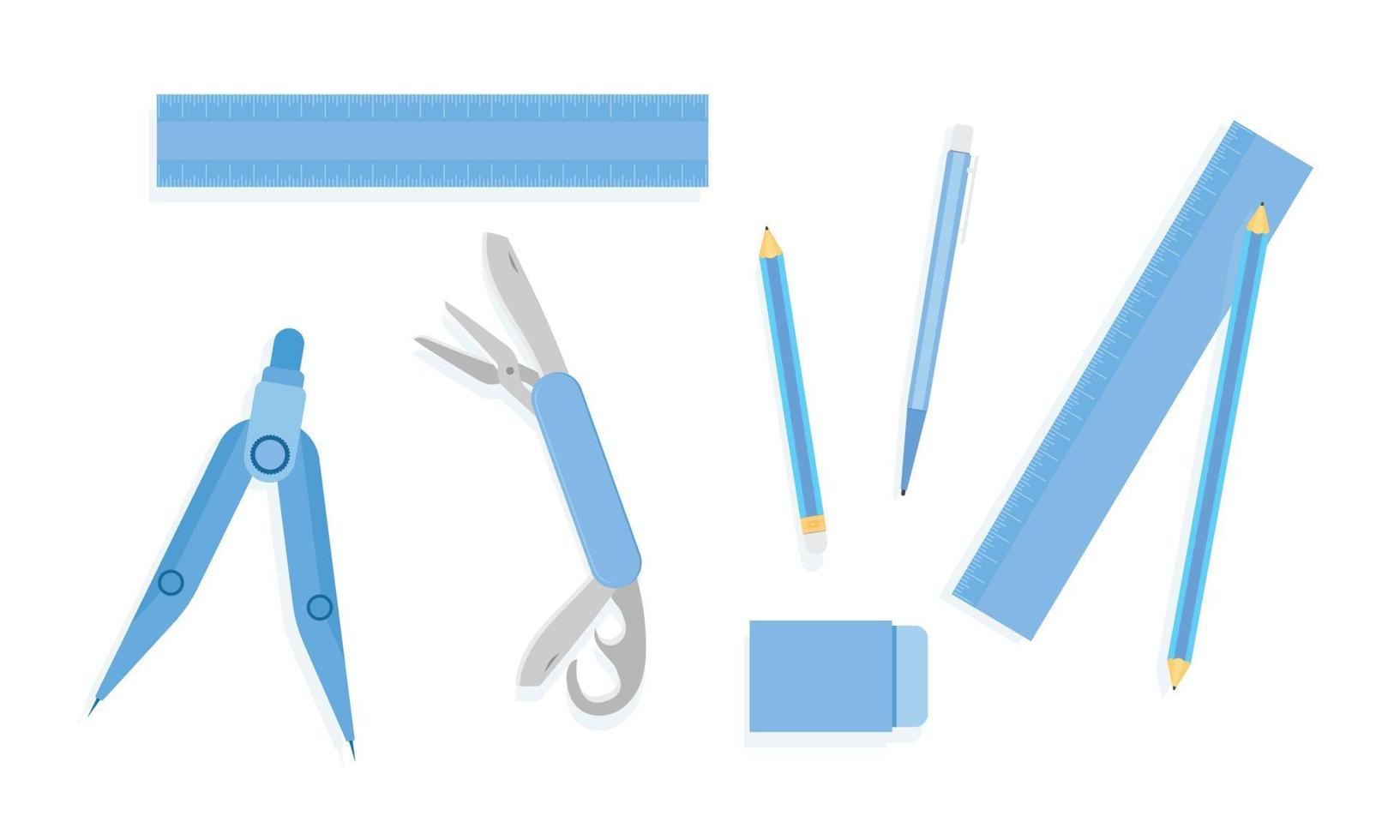 righello matita penna gomma bussola coltello tascabile cestello tono blu illustrazione vettoriale eps10