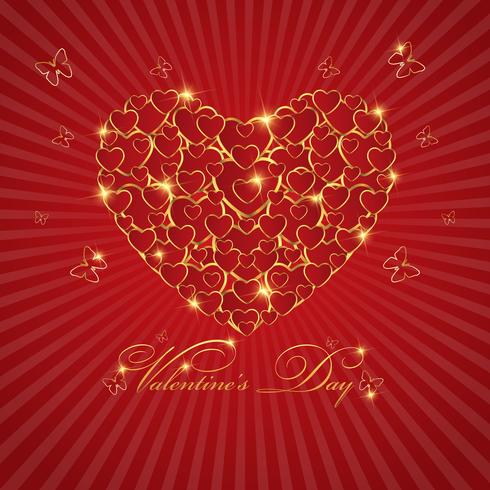 Cartolina d&#39;auguri felice di amore di San Valentino con cuore dell&#39;oro su fondo rosso, progettazione di vettore