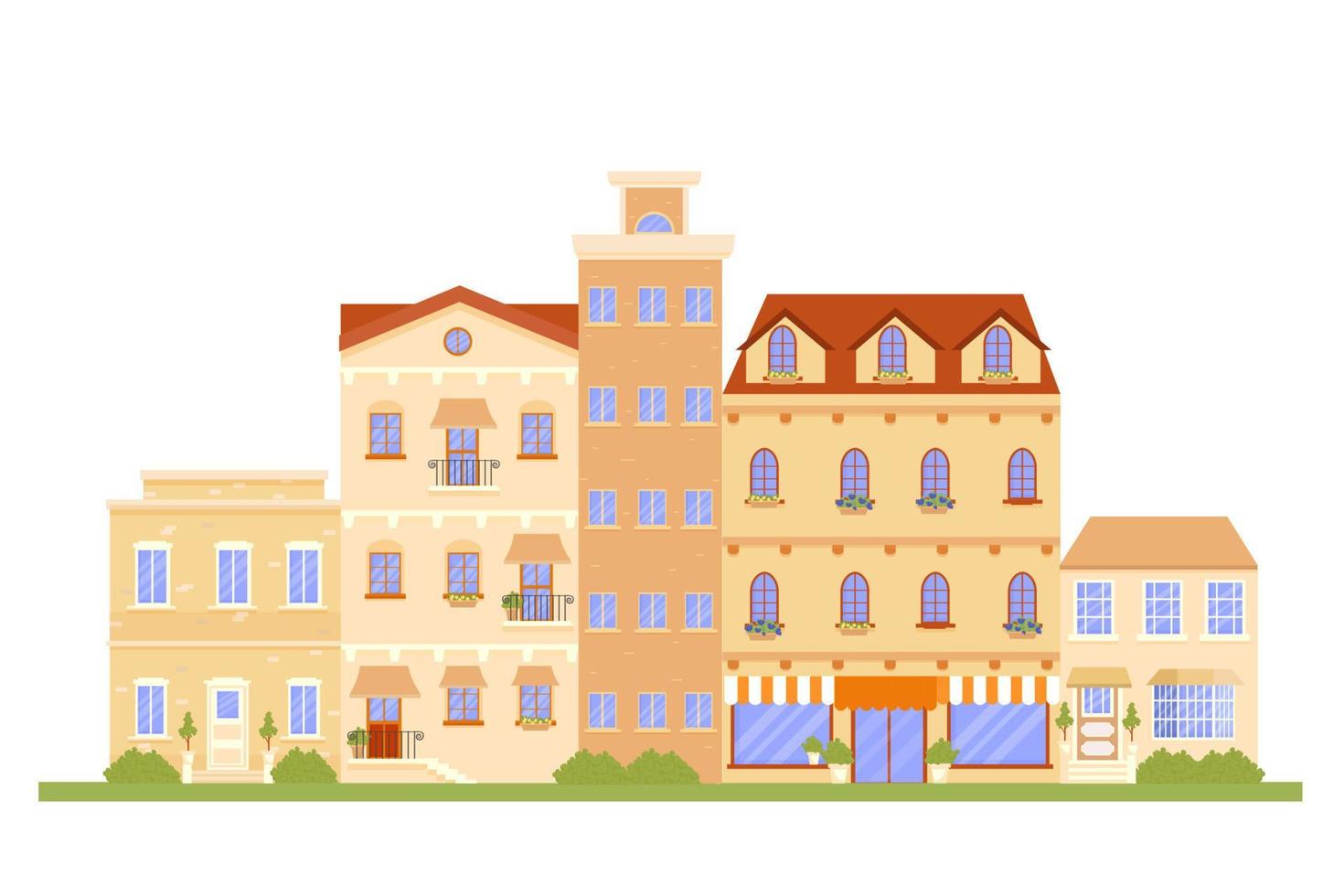 edifici stradali in colori grigi nel disegno vettoriale. illustrazione grafica dettagliata, vista panoramica. edifici eleganti, paesaggio urbano. può essere utilizzato come banner, poster, stampa. arredamento creativo piatto vettore