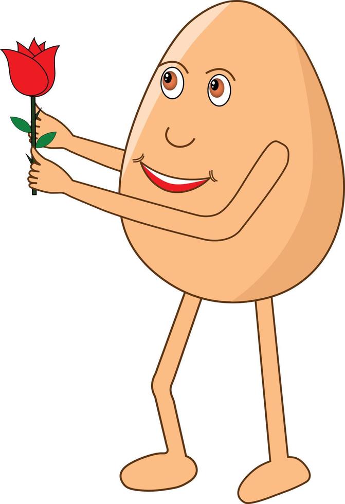 cartone animato romantico dell'uovo in piedi e dando una rosa al suo San Valentino il giorno della rosa. illustrazione vettoriale. vettore