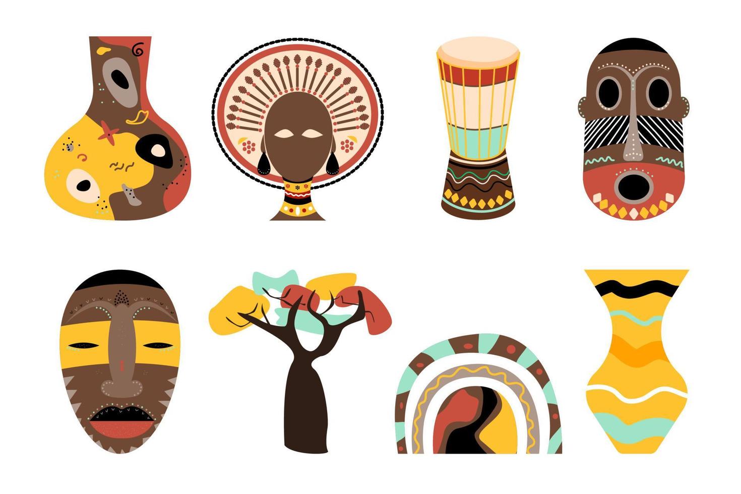 concetto etnico africano con maschera tribale, baobab, vasi, tamburo, donna africana e brillante rainbowheme. set di oggetti africani. illustrazione vettoriale