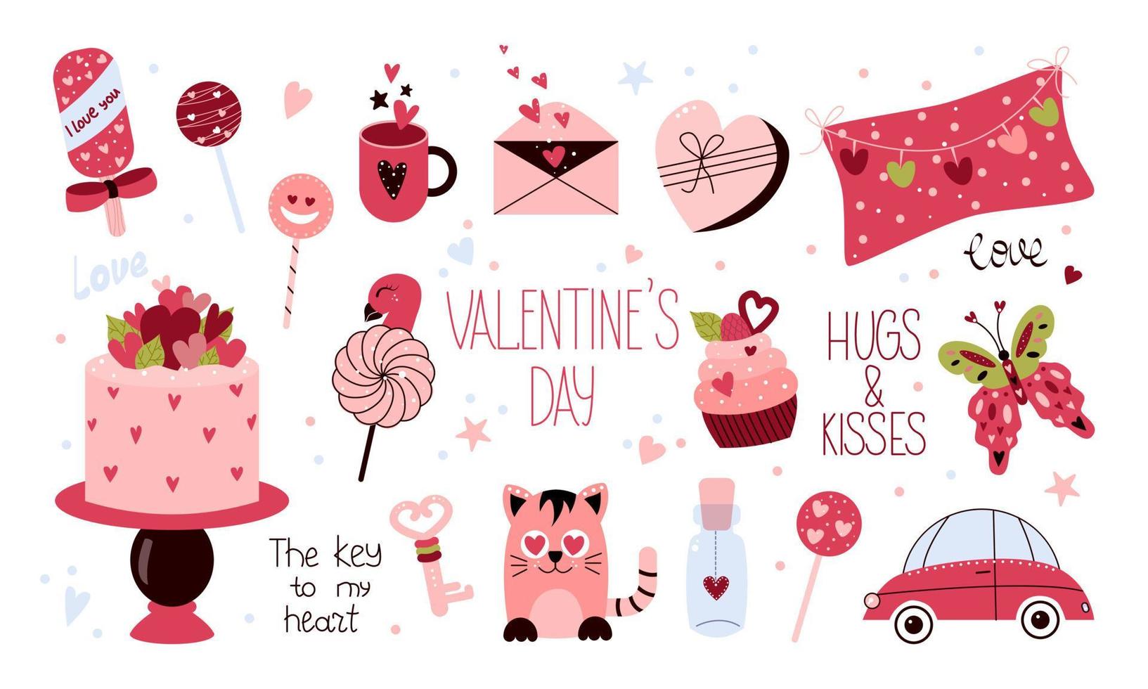 San Valentino con torta, marshmallow, cuscino, dolci, gatto, farfalla, elisir d'amore e altri elementi di design dei cartoni animati. illustrazioni vettoriali per adesivi, scrapbooking, pialle, carte