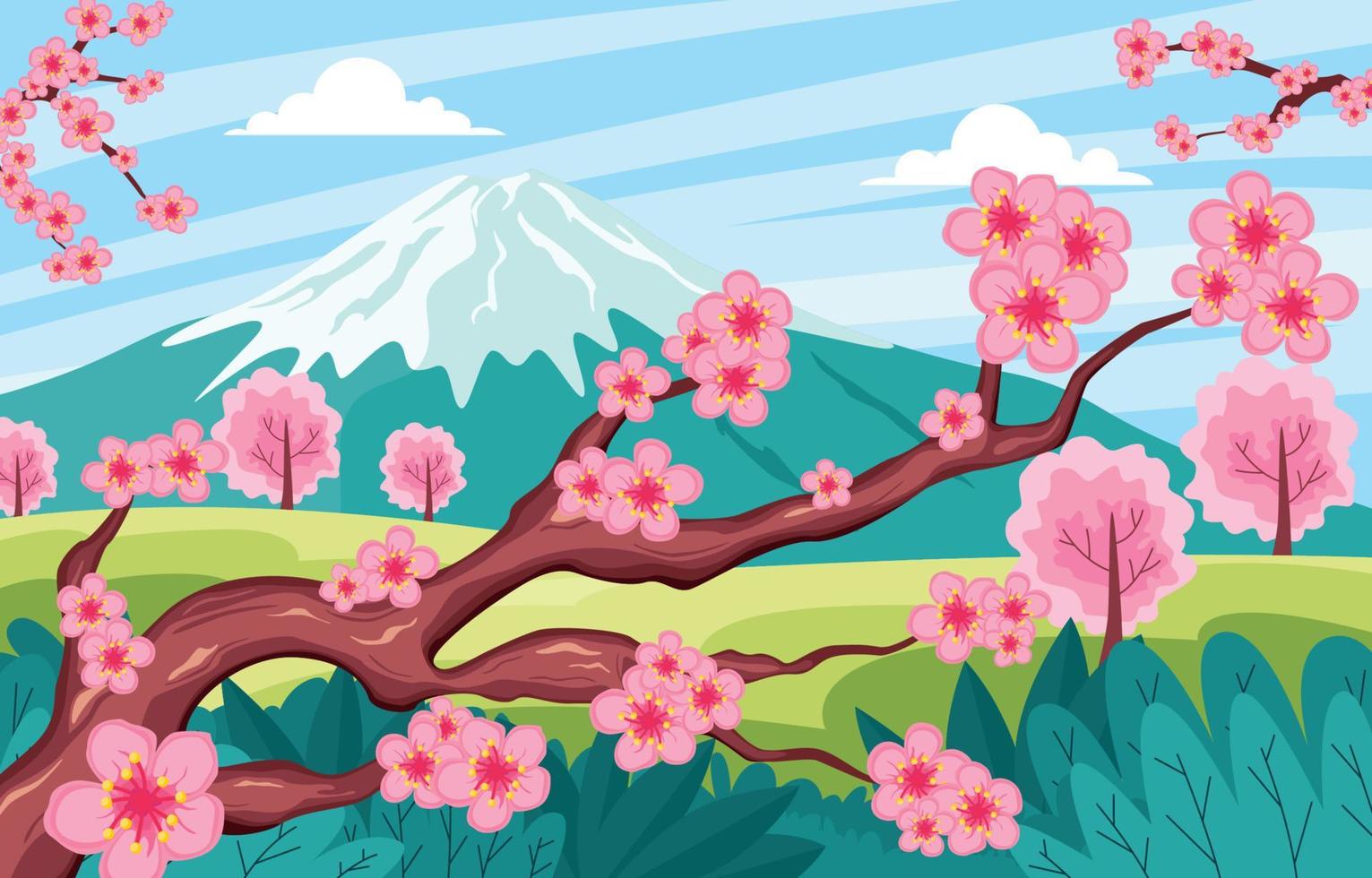 fiori di ciliegio con montagna vettore