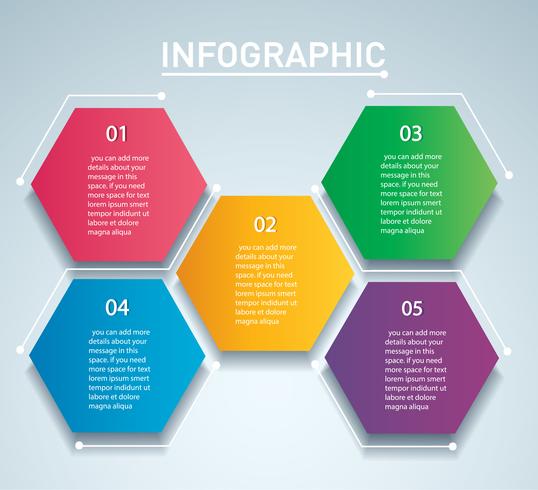 modello vettoriale infografica esagono colorato con 5 opzioni. Può essere utilizzato per il web, diagramma, grafico, presentazione, grafico, report, infografica passo-passo. Sfondo astratto