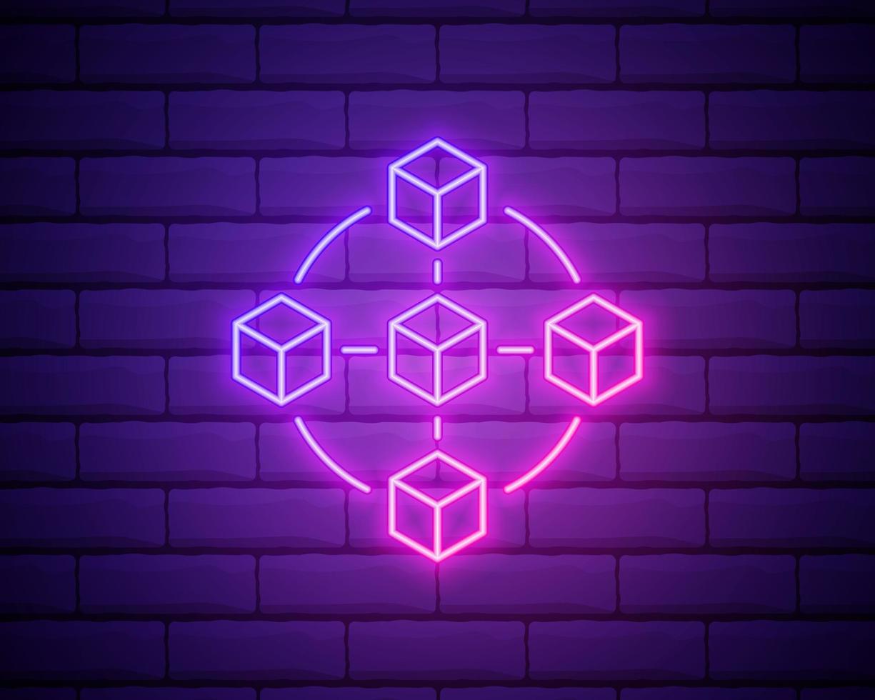 icona moderna della tecnologia blockchain. simbolo della catena a blocchi di vettore o elemento del logo in stile neon a colori. icona al neon rosa brillante di blockchain isolata sul muro di mattoni