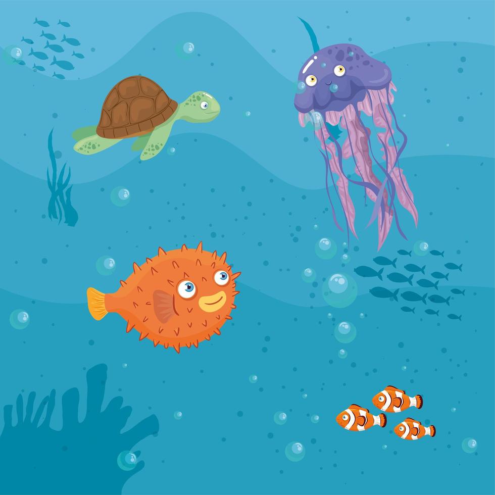 xxx e animali marini selvatici nell'oceano, abitanti del mondo marino, simpatiche creature sottomarine, fauna sottomarina del tropico vettore