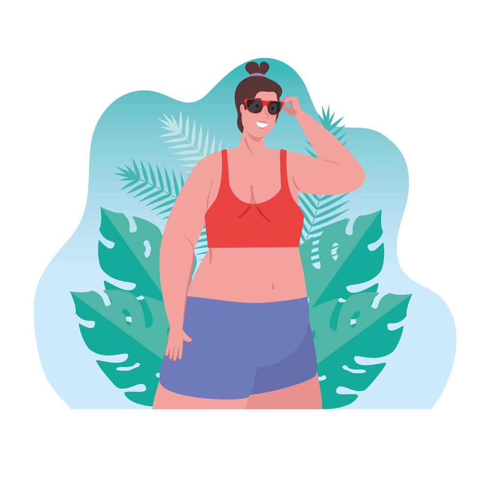 carina donna grassoccia in costume da bagno con occhiali da sole, con scena di foglie tropicali vettore