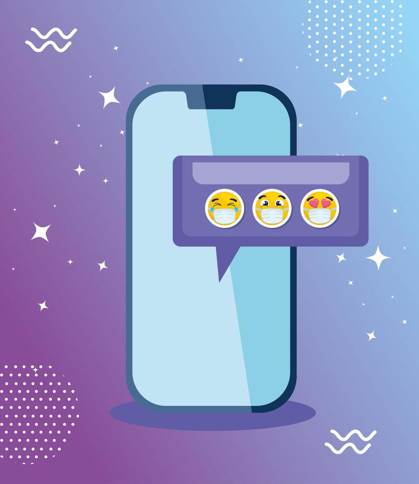 smartphone con emoji impostati, facce gialle nel fumetto con dispositivo smartphone vettore