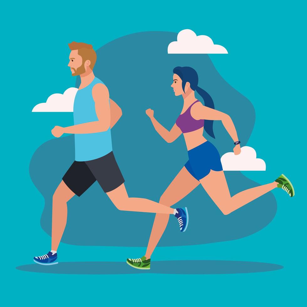 coppia che fa jogging, donna e uomo che corrono, persone in abbigliamento sportivo che fanno jogging vettore