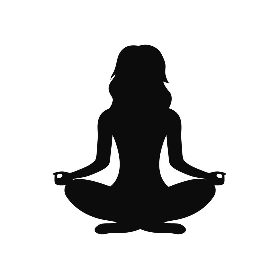 sagoma nera di una donna in posa per la meditazione. meditazione e yoga nella posizione del loto. illustrazione vettoriale isolato su sfondo bianco