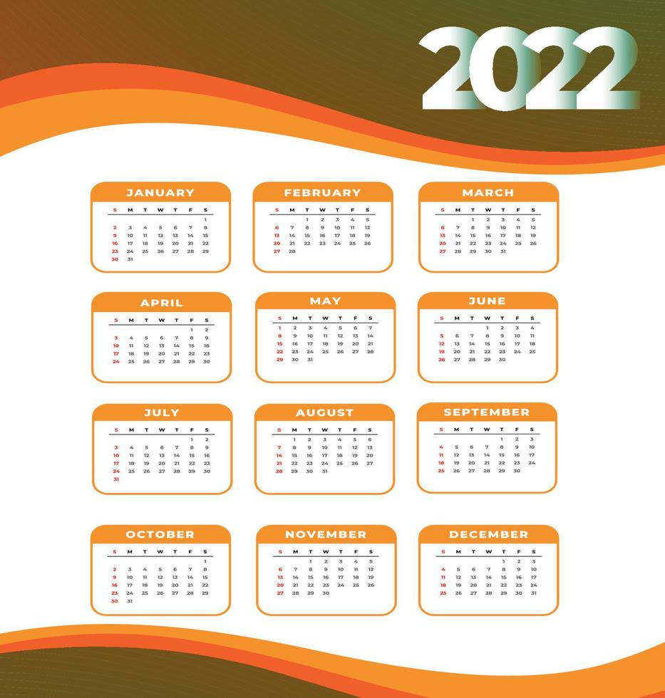 calendario 2022 mesi felice anno nuovo disegno astratto illustrazione vettoriale bianco e arancione