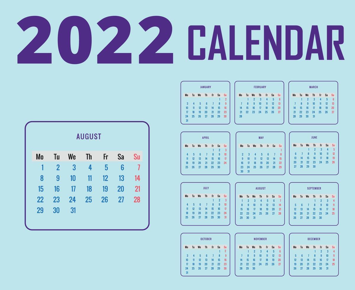 calendario 2022 agosto mese felice anno nuovo disegno astratto illustrazione vettoriale viola con sfondo ciano