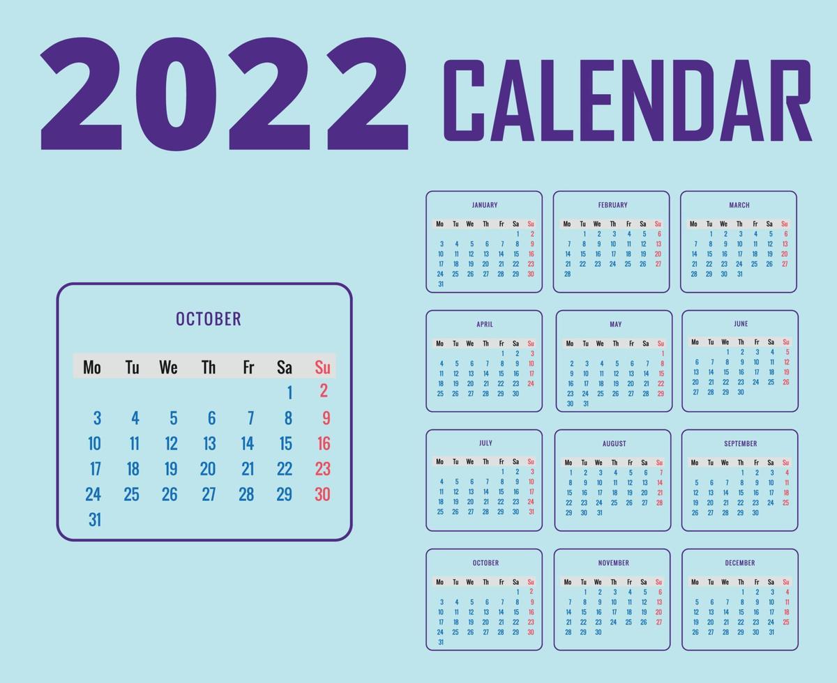 calendario 2022 ottobre mese felice anno nuovo disegno astratto illustrazione vettoriale viola con sfondo ciano