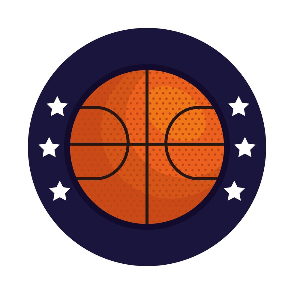 basket, emblema, design con palla da basket, con stelle in cornice circolare vettore