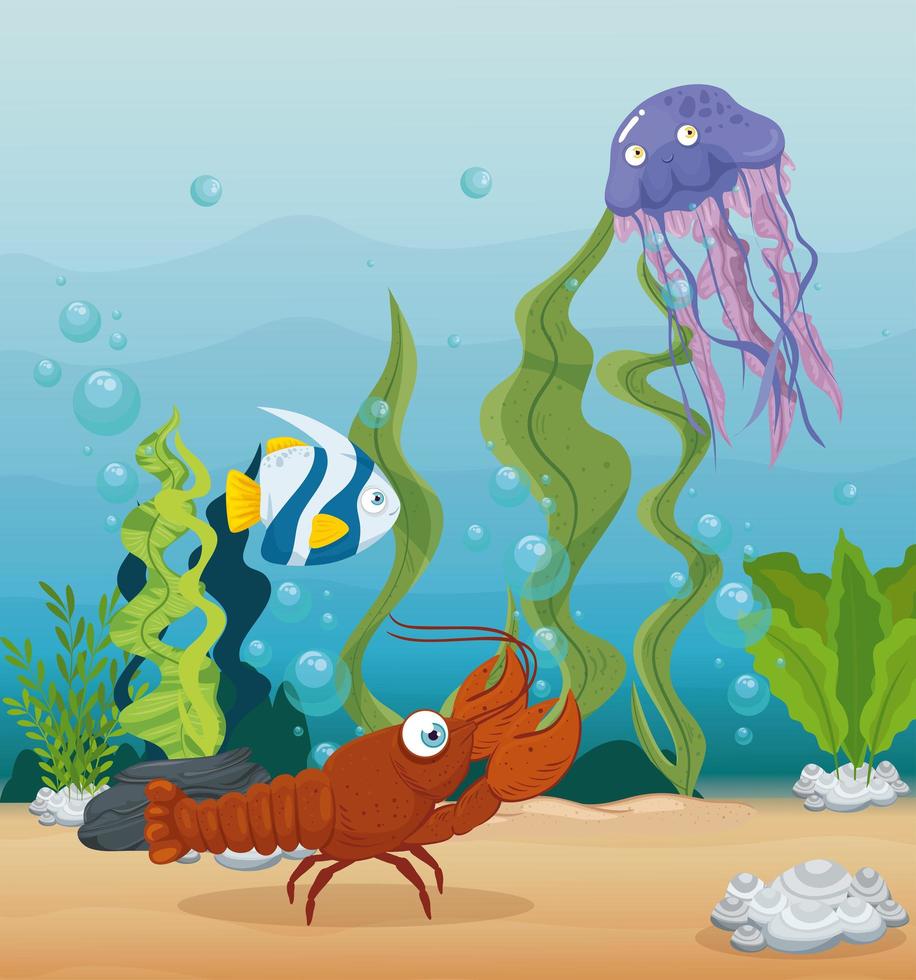 aragoste e animali marini nell'oceano, abitanti del mondo marino, simpatiche creature sottomarine, fauna sottomarina vettore