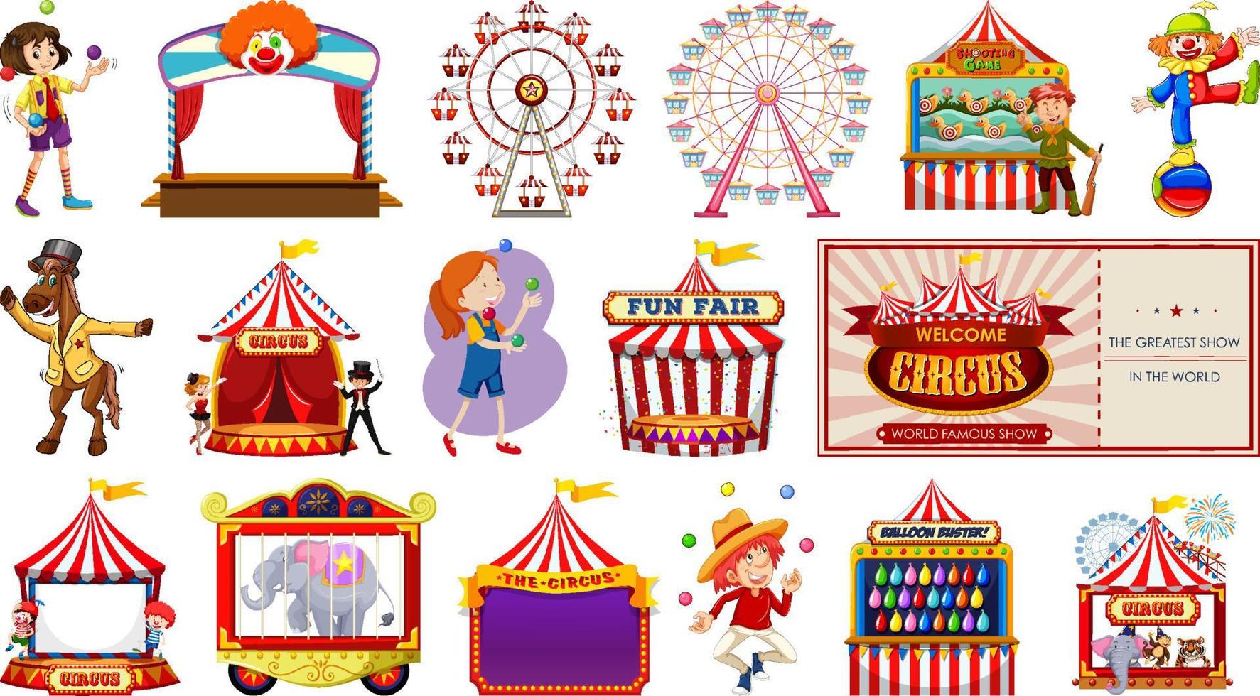 set di personaggi del circo ed elementi del parco di divertimenti vettore