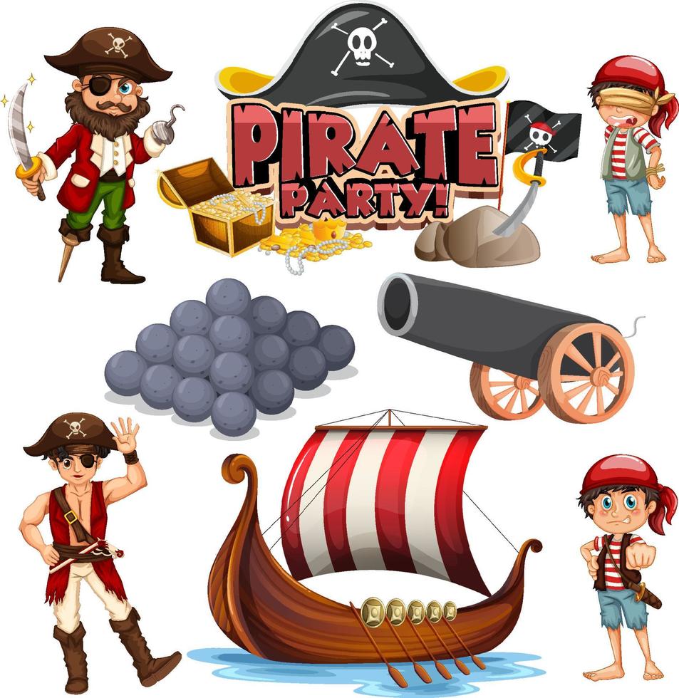 set di personaggi e oggetti dei cartoni animati dei pirati vettore