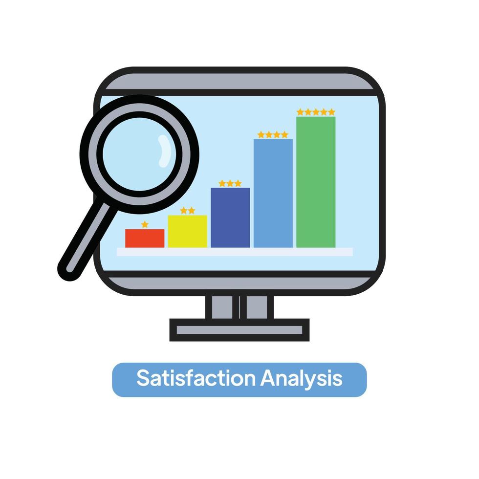 illustrazione piatta vettoriale del grafico di valutazione della soddisfazione del cliente con l'icona della lente d'ingrandimento.