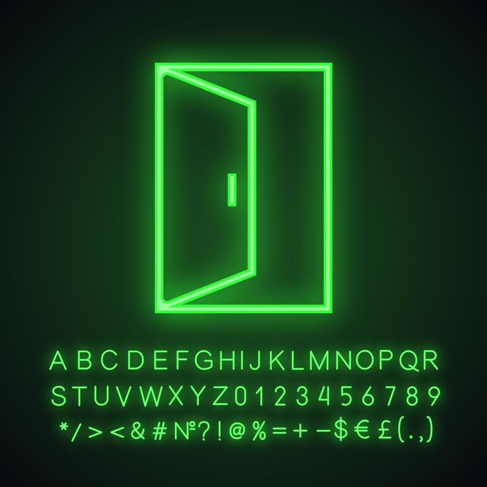 icona della luce al neon della porta. uscita, entrata. segno luminoso con alfabeto, numeri e simboli. illustrazione vettoriale isolato