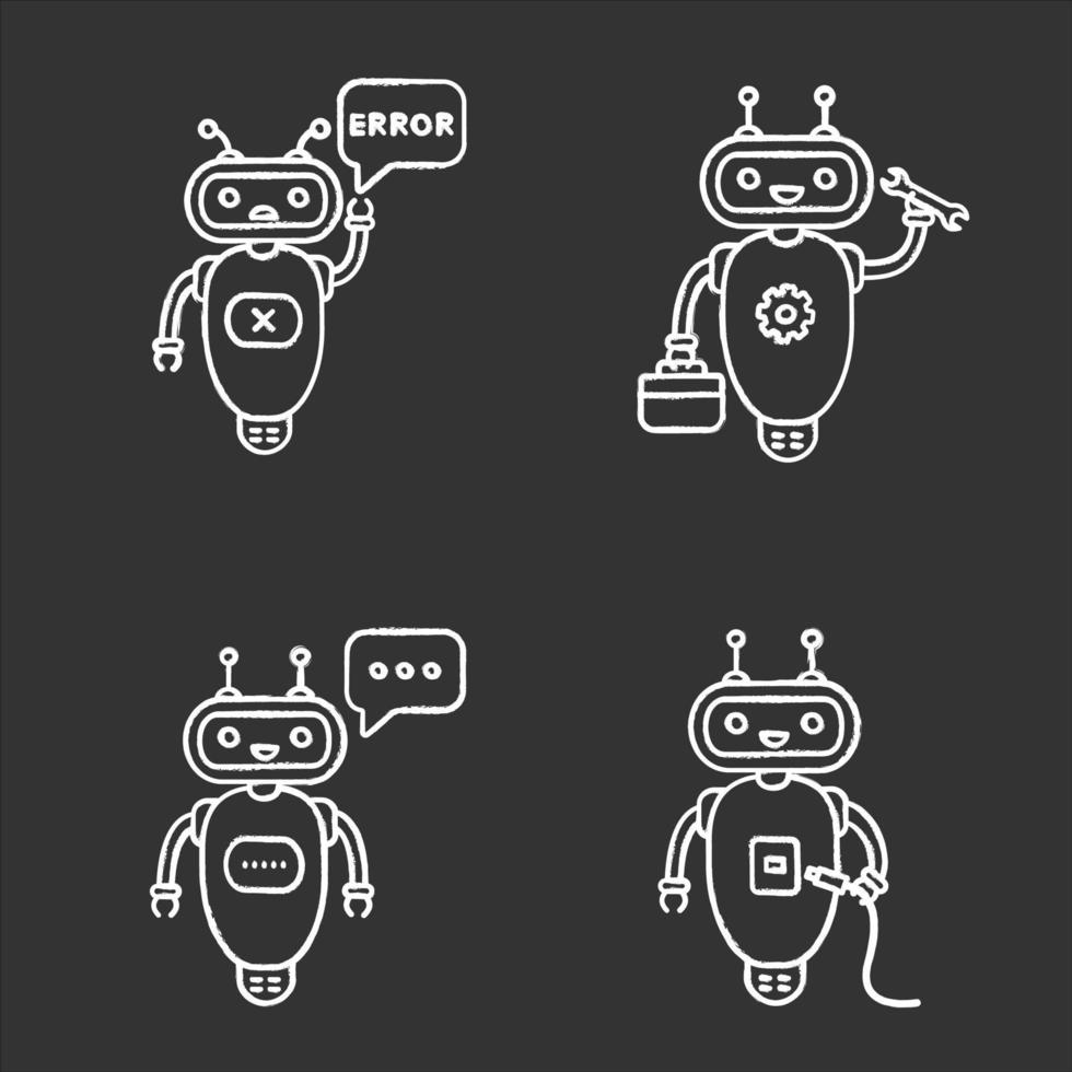 set di icone di gesso di chatbot. talkbot. assistenti virtuali. digitazione, errore, usb, acquista chatbot. robot moderni. illustrazioni di lavagna vettoriali isolate