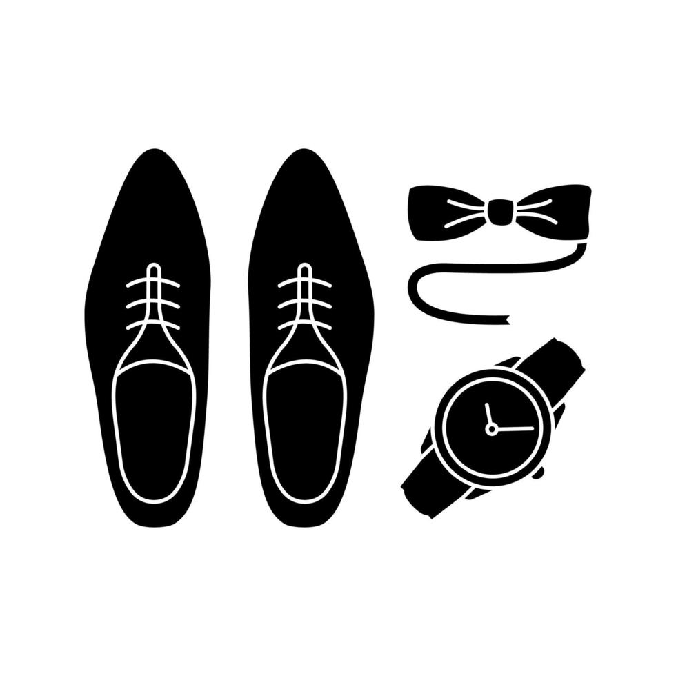 icona del glifo degli accessori da uomo. codice di abbigliamento. abbigliamento maschile. lo stile e la moda maschile. scarpe, orologio da polso e papillon da smoking. simbolo della sagoma. spazio negativo. illustrazione vettoriale isolato