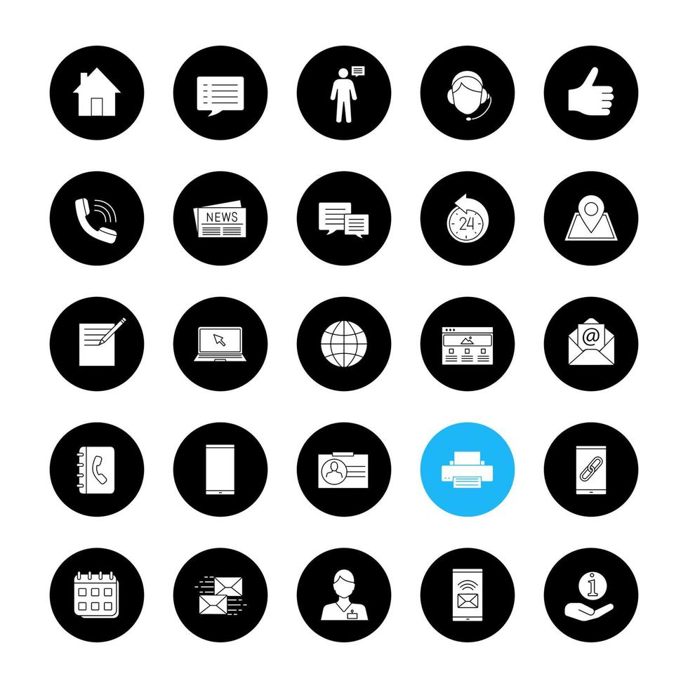 set di icone del glifo del centro informazioni. forniture per ufficio, dispositivi di comunicazione, servizio di supporto. illustrazioni di sagome bianche vettoriali in cerchi neri