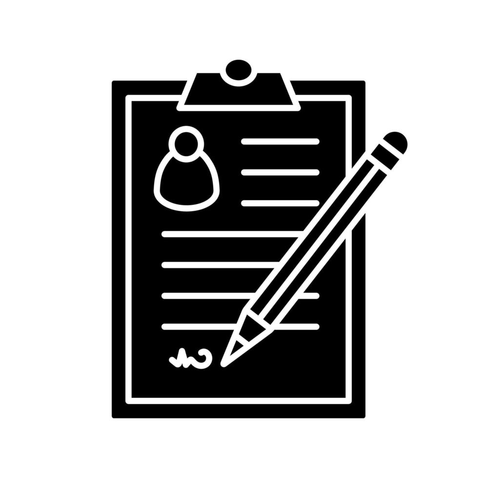 icona del glifo del documento firmato. accordo contrattuale. firma. simbolo della sagoma. spazio negativo. illustrazione vettoriale isolato