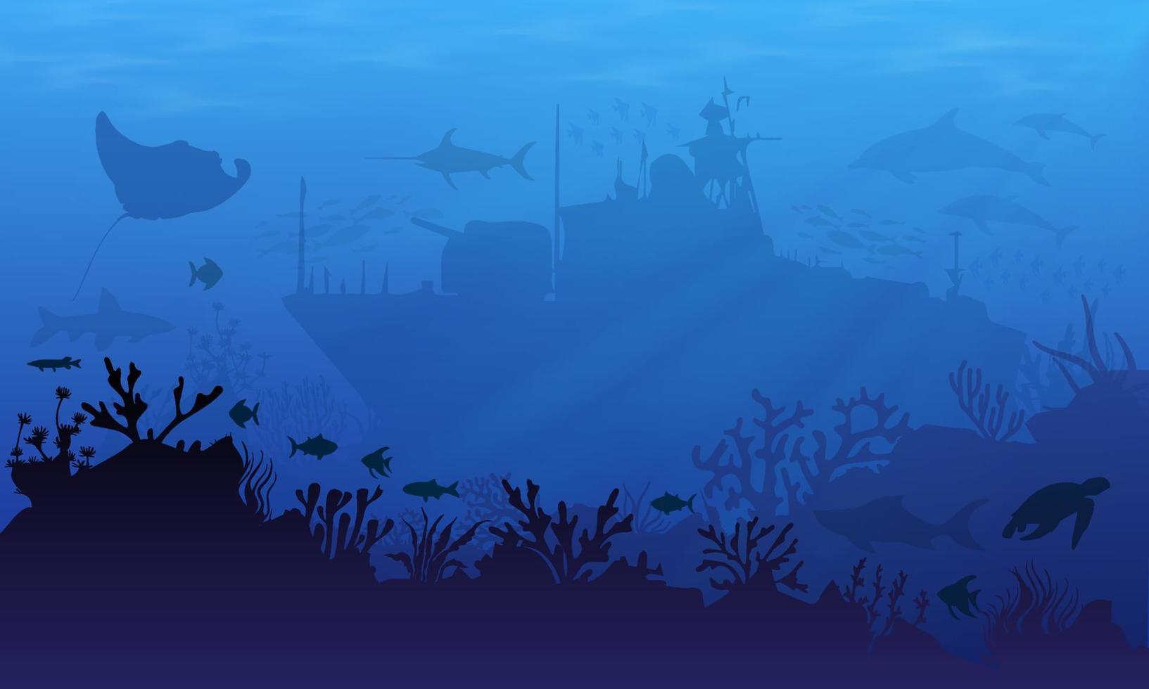 sfondo del paesaggio sottomarino con silhouette di naufragio, pastinaca, delfini e tartarughe. illustrazioni vettoriali di naufragi sottomarini
