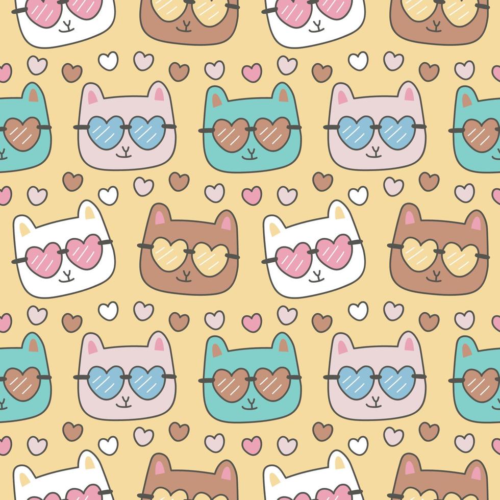 modello di simpatici cartoni animati di gatto. cuore su sfondo beige. il modello carino senza cuciture in una ragazza, ragazzo, moda per bambini, gatto colorato che indossa occhiali a cuore. disegno vettoriale per la moda.