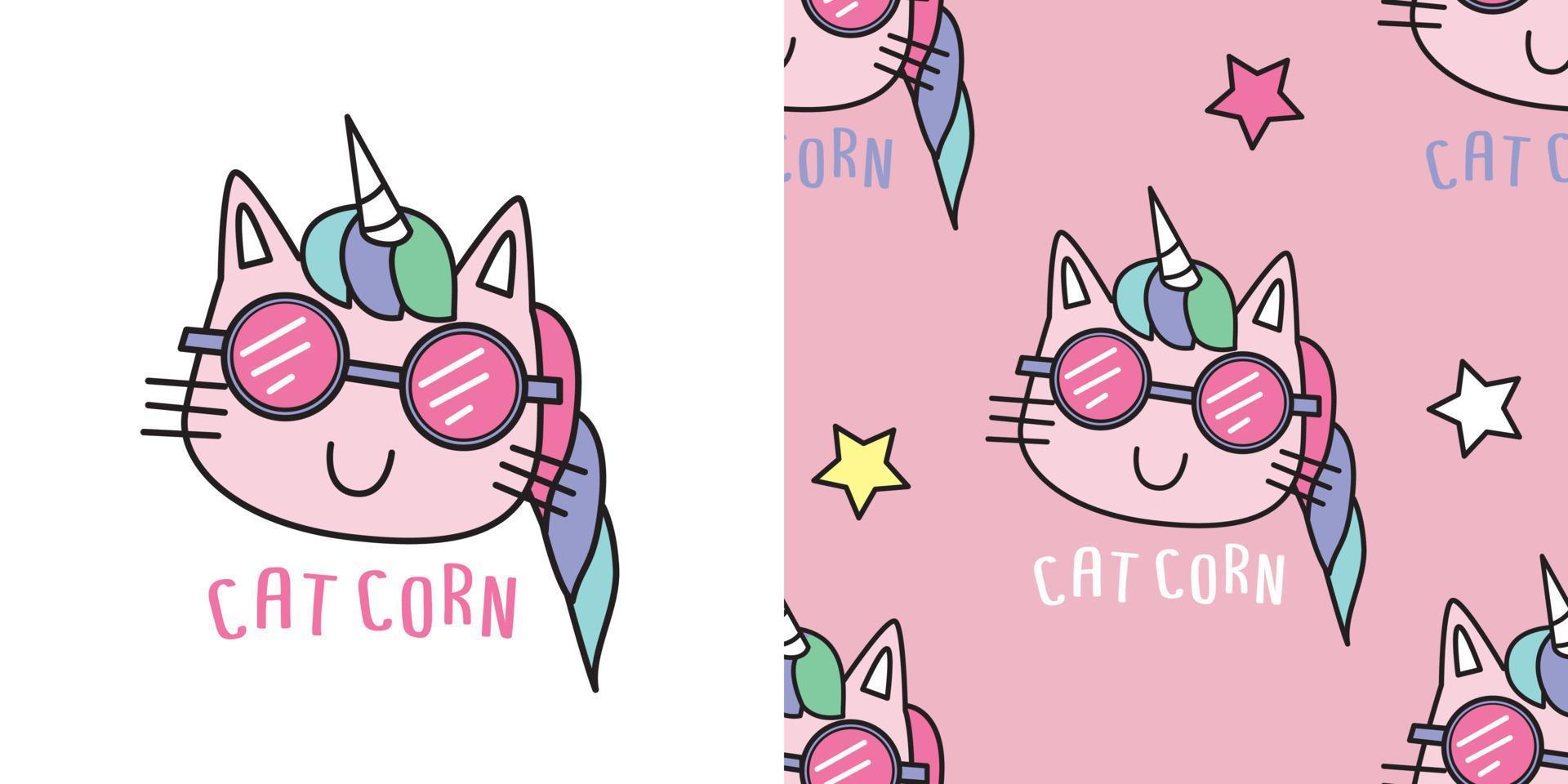 modello di cartoni animati carino gatto unicorno. il personaggio felice e divertente su sfondo rosa e blu. il modello carino senza cuciture in una ragazza, ragazzo, bambino moda gatto isolato doodle. disegno vettoriale per la moda.
