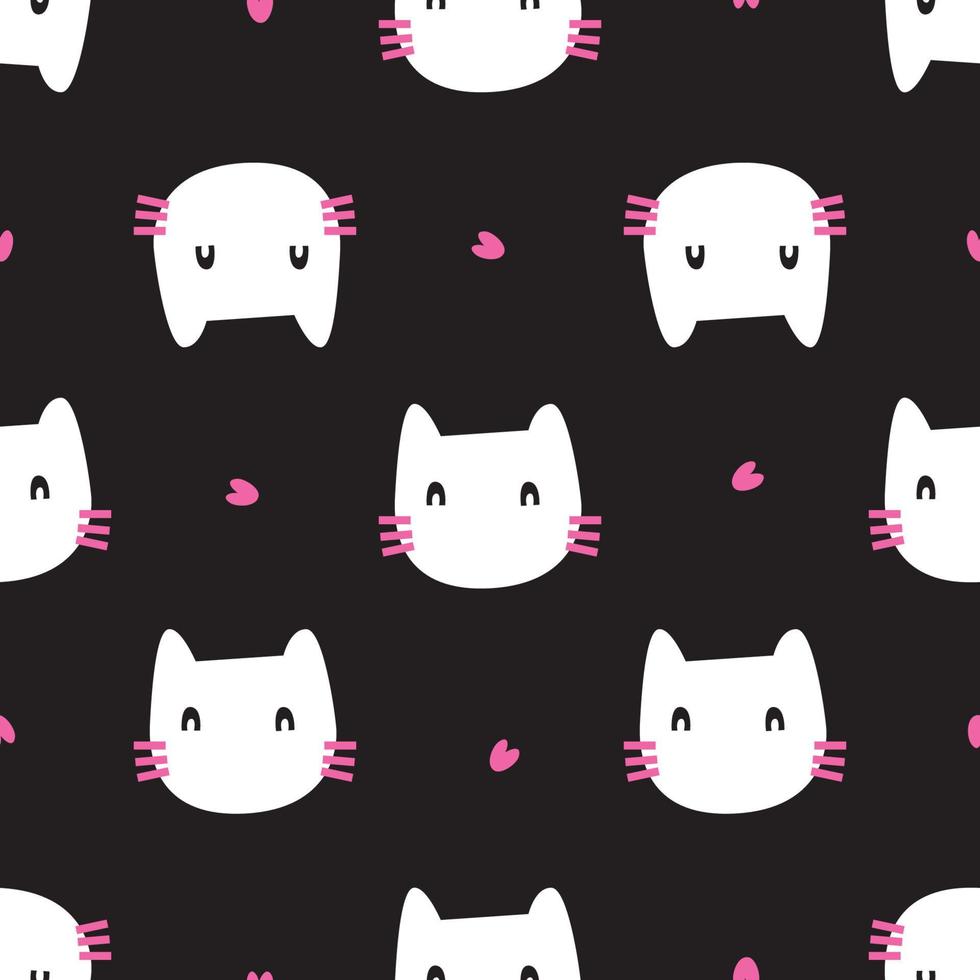 modello di simpatici cartoni animati di gatto. gatto bianco e cuore rosa su sfondo nero. il modello carino senza cuciture in una ragazza, moda per bambini. scarabocchio del gatto. disegno vettoriale per moda, sfondo, tessuto, carta da parati.