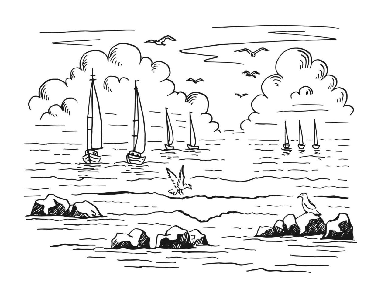 paesaggio marino. paesaggio, mare, barca a vela, rocce, gabbiani. illustrazione vettoriale disegnata a mano.