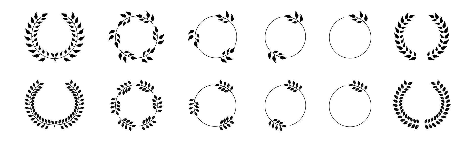 impostare l'icona di allori neri cornici rami con bordi circolari.collezione foglie di alloro elementi decorativi icona vettore illustrazione