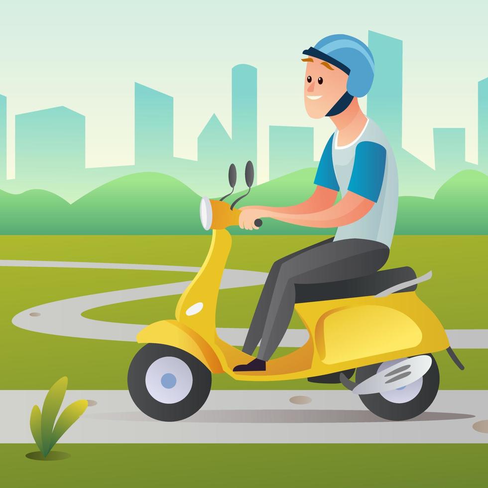 un uomo che guida uno scooter nell'illustrazione del fumetto vettore