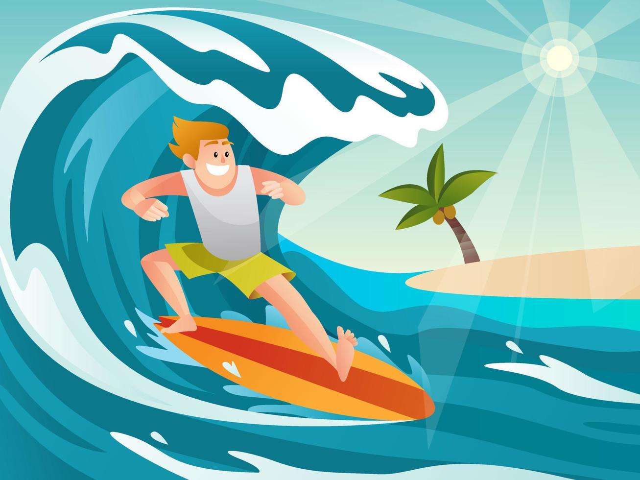 surfista che cavalca le onde dell'oceano in stile cartone animato vettore