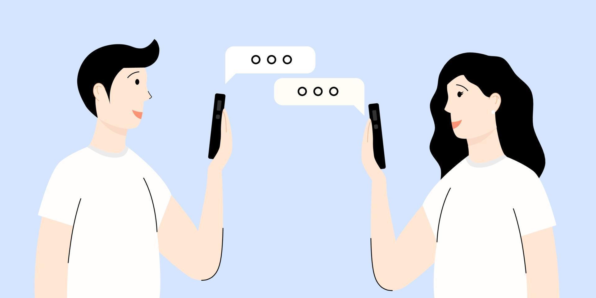 comunicazione tra le persone. una donna e un uomo che chiacchierano su sfondo blu. chat e gadget. illustrazione vettoriale in stile cartone animato piatto