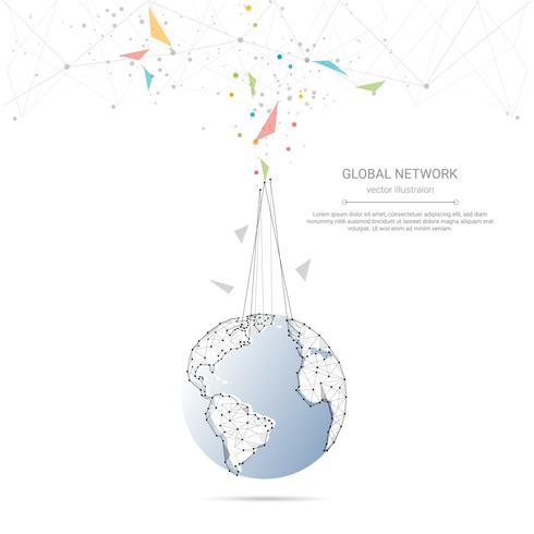 Connessione di rete globale, punti di collegamento poli basso e linee con sfondo di mappa del mondo. vettore