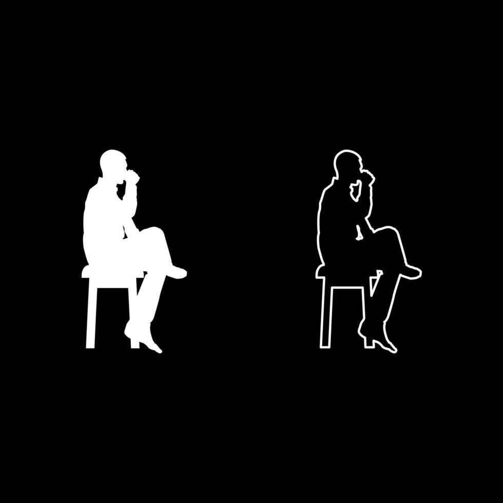 uomo che beve dalla tazza seduto su uno sgabello con il concetto di gamba incrociata icona relax set colore bianco illustrazione stile piatto semplice immagine vettore