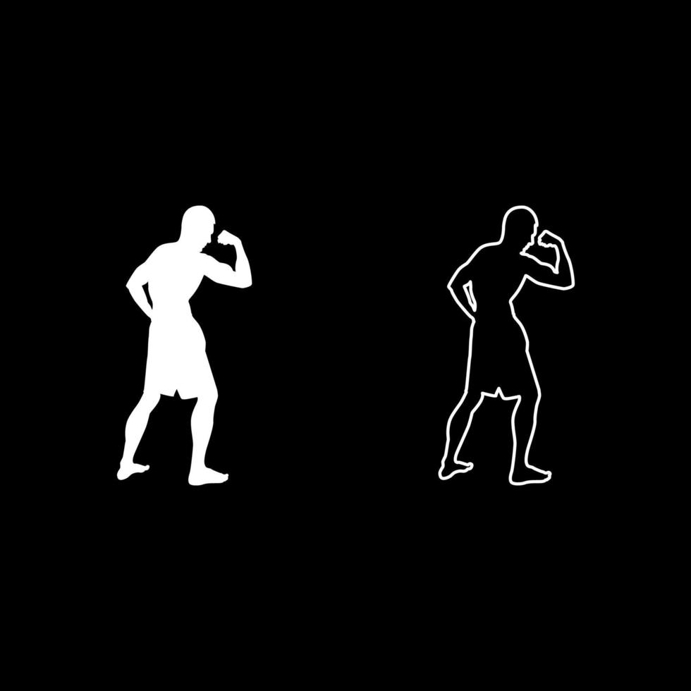 bodybuilder che mostra i muscoli bicipiti bodybuilding sport concetto silhouette vista laterale set di icone colore bianco illustrazione stile piatto semplice immagine vettore