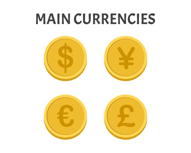 Insieme di simboli delle monete delle valute principali isolato su fondo bianco vettore