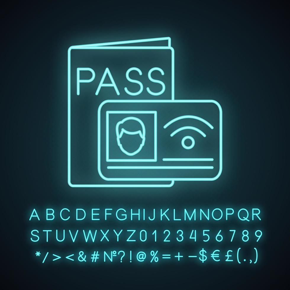 icona della luce al neon del sistema di identificazione nfc. Near Field Communication. carta d'identità NFC. tecnologia contactless. tag rfid. segno luminoso con alfabeto, numeri e simboli. illustrazione vettoriale isolato