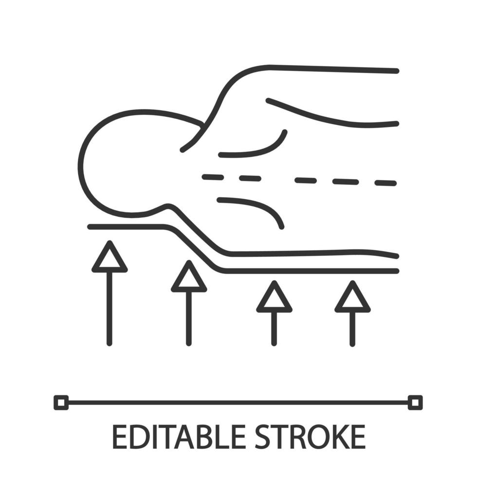 icona lineare del materasso ortopedico. illustrazione al tratto sottile. materasso anatomico in memory foam. supporto ortopedico della colonna vertebrale. posizione corretta per dormire. simbolo di contorno. disegno vettoriale isolato. tratto modificabile